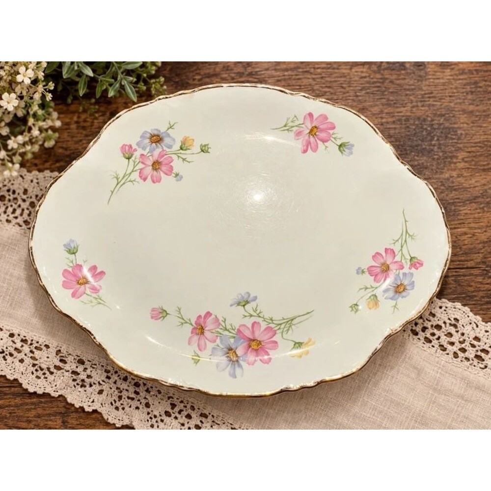 Vintage Oval Serving Platter 11” Cosmos Floral Gold Trim Scalloped Edge